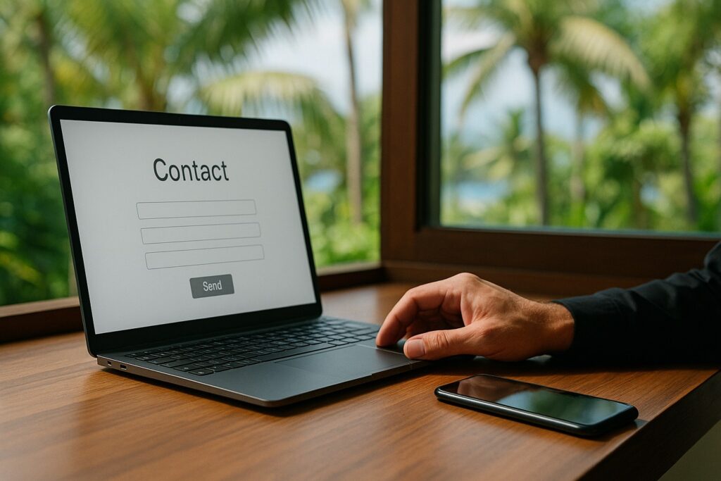 Formulaire de contact en ligne sur ordinateur portable avec vue tropicale à La Réunion