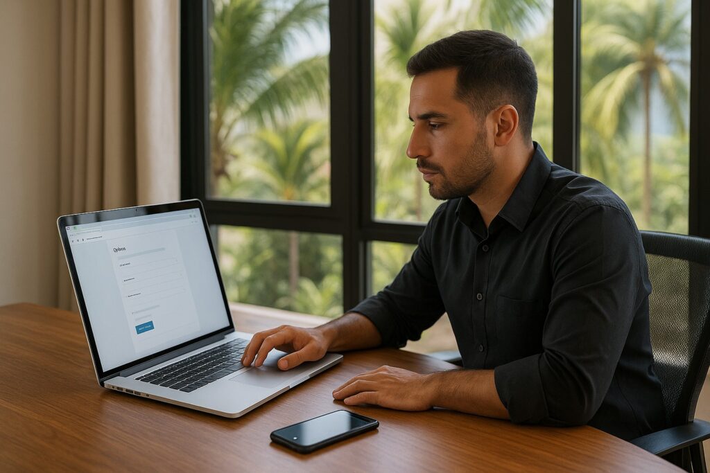 Professionnel à La Réunion remplissant un formulaire de demande de devis sur ordinateur portable