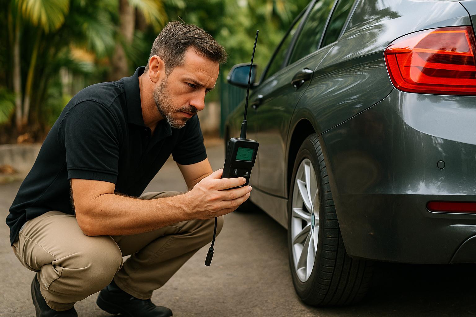 Professionnel inspectant un véhicule à La Réunion pour détecter un traceur GPS caché