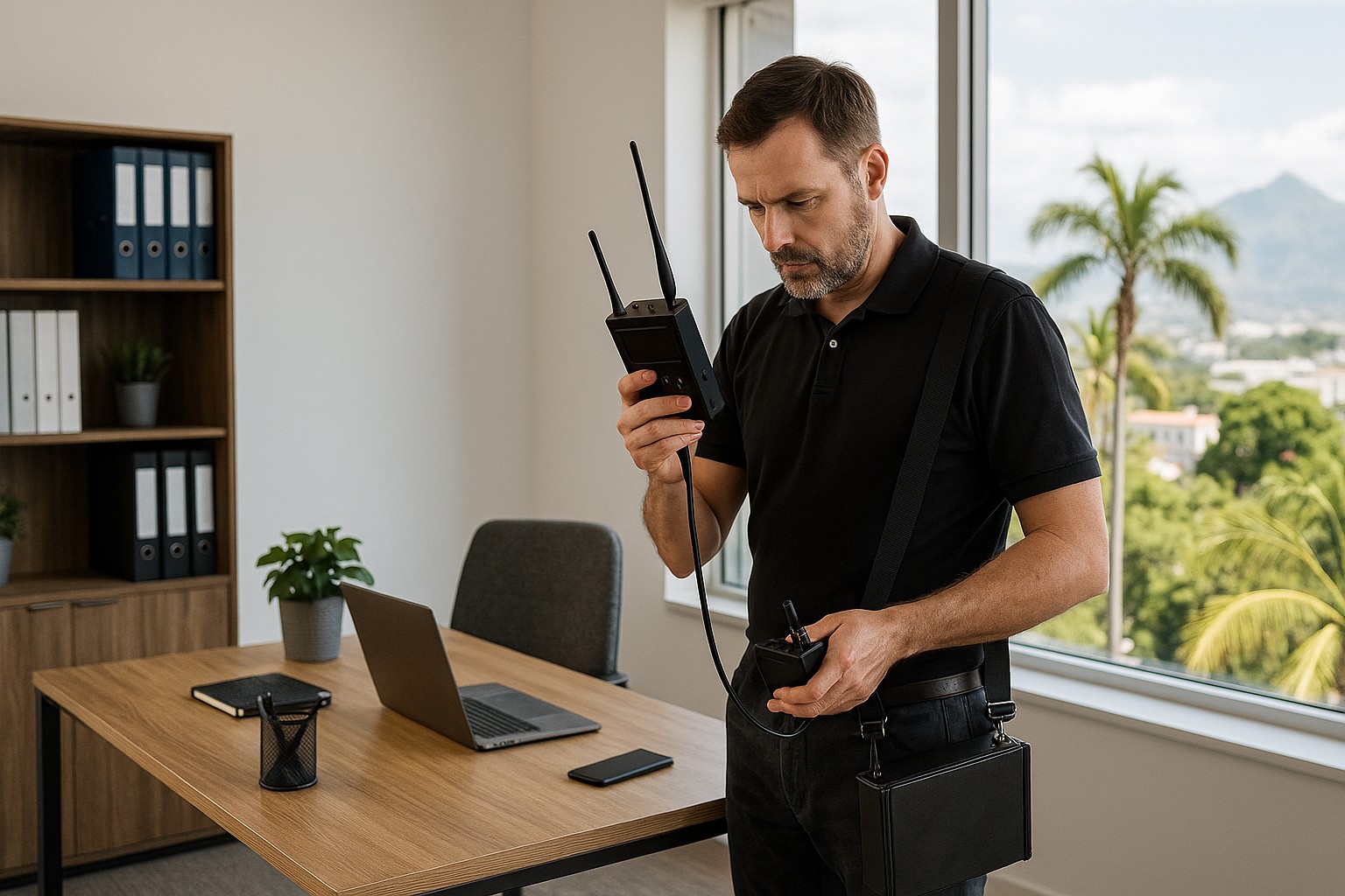 Expert en contre-surveillance réalisant une inspection RF dans un bureau à Saint-Denis, La Réunion
