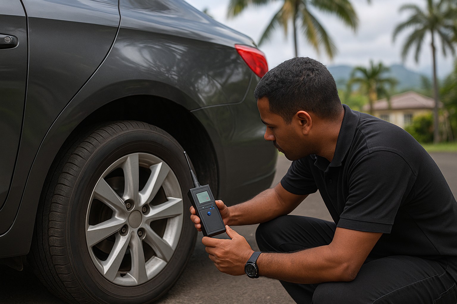 Spécialiste en contre-surveillance inspectant un véhicule à La Réunion pour détecter un traceur GPS caché
