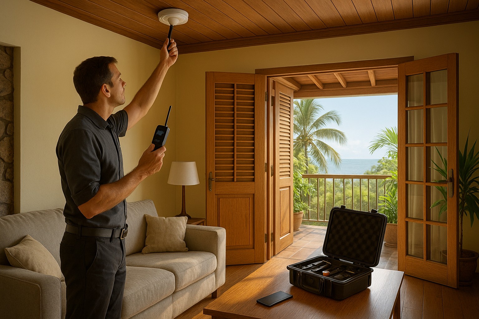 Inspection de contre-surveillance dans un salon à La Réunion, technicien vérifiant un détecteur de fumée avec un analyseur RF